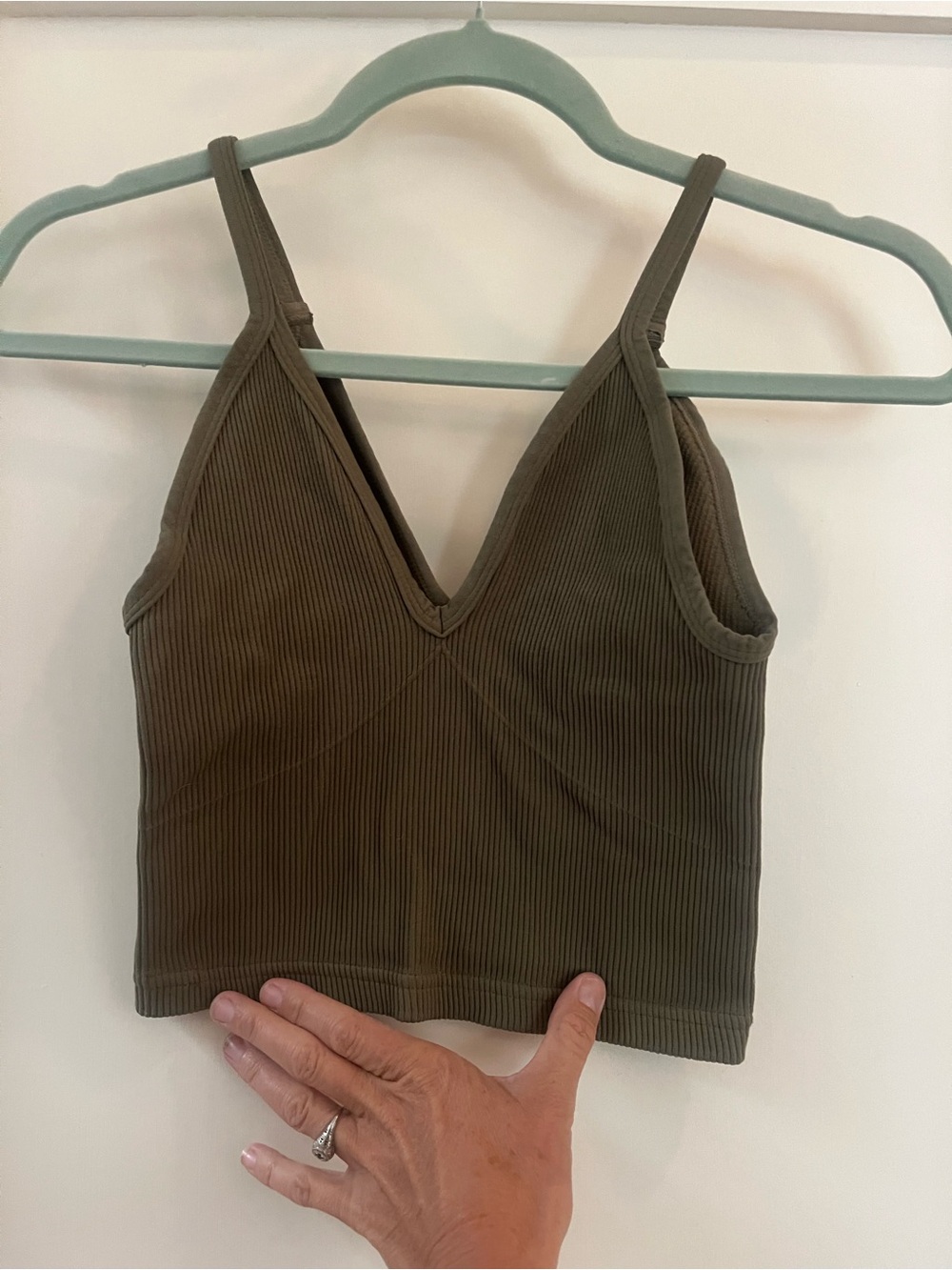 Free People Olive Ribbed V-Neck Cropped Tank